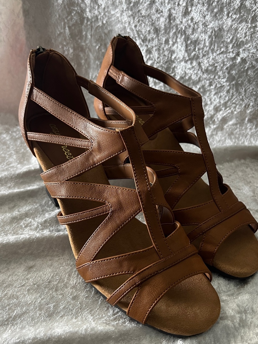 easy street Tan Strappy Wedge Sandals